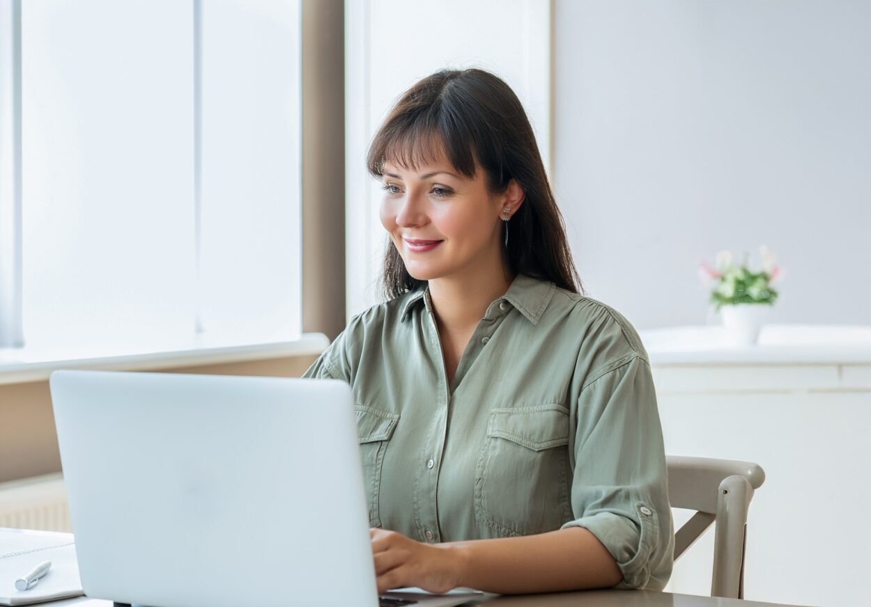Woman looking at laptop computer.