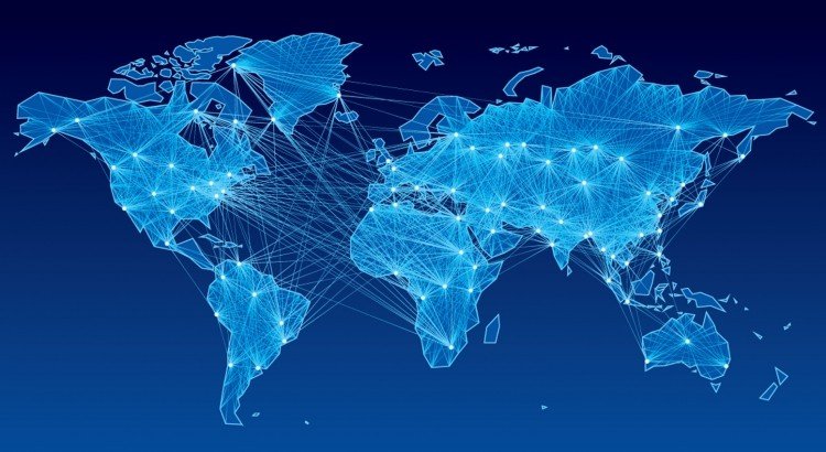 A map of earth with a web of lines showing global connectivity.