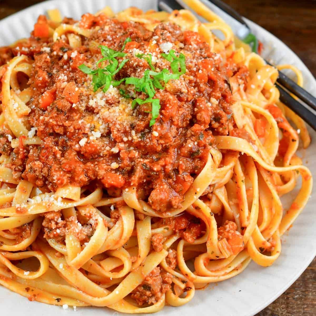 Bolognese sauce with pasta on a plate